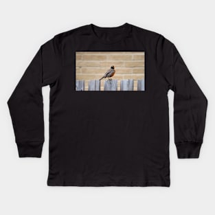 An American Robin Standing On A Fence In My Backyard Kids Long Sleeve T-Shirt